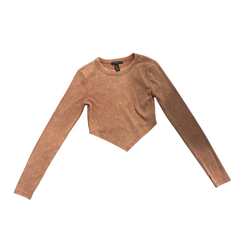 Forever 21 Acid Wash Ribbed Long Sleeve Pointed Hem Crop Top Terracotta Small